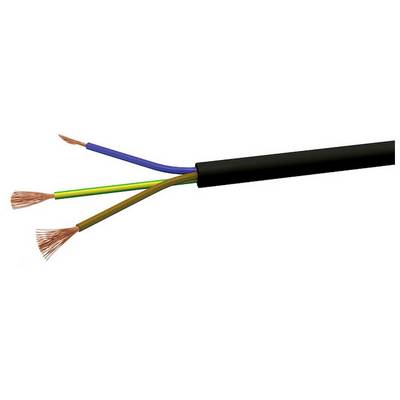 Drieaderige kabel met blootliggende koperen draden: blauwe, bruine en geel-groene isolatie, symboliseert elektrische aansluiting.