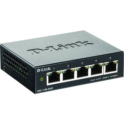 'Vijf-poorts netwerk-switch van D-Link, model DGS-1100-05V2, zwart, toont voorzijde met vijf Ethernet-poorten en aan/uit-knop.'