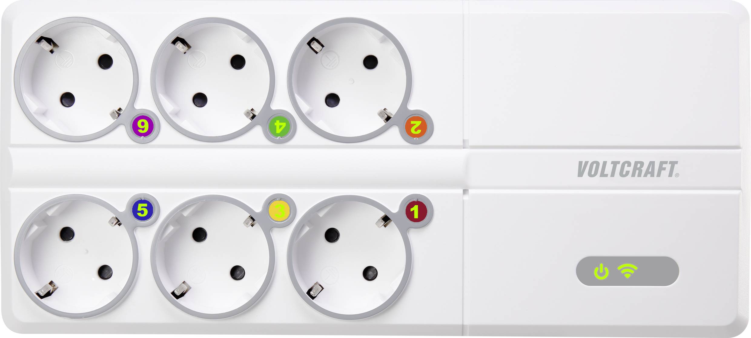 Zesdelige stekkerdoos van Voltcraft met genummerde aansluitingen en WLAN-symbool.