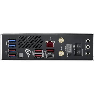 'Aansluitpaneel van een pc, toont USB-poorten, Ethernet, USB-C, audio-aansluitingen en WiFi-antenne. LED-display geeft status weer.'