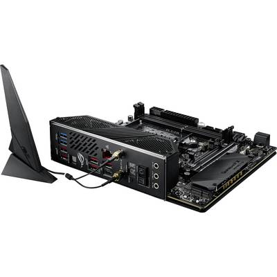 Een moederbord met aansluitpoorten en een verwijderbare WLAN-antennemodule. Bevat USB-, HDMI- en audioaansluitingen voor computerverbindingen.