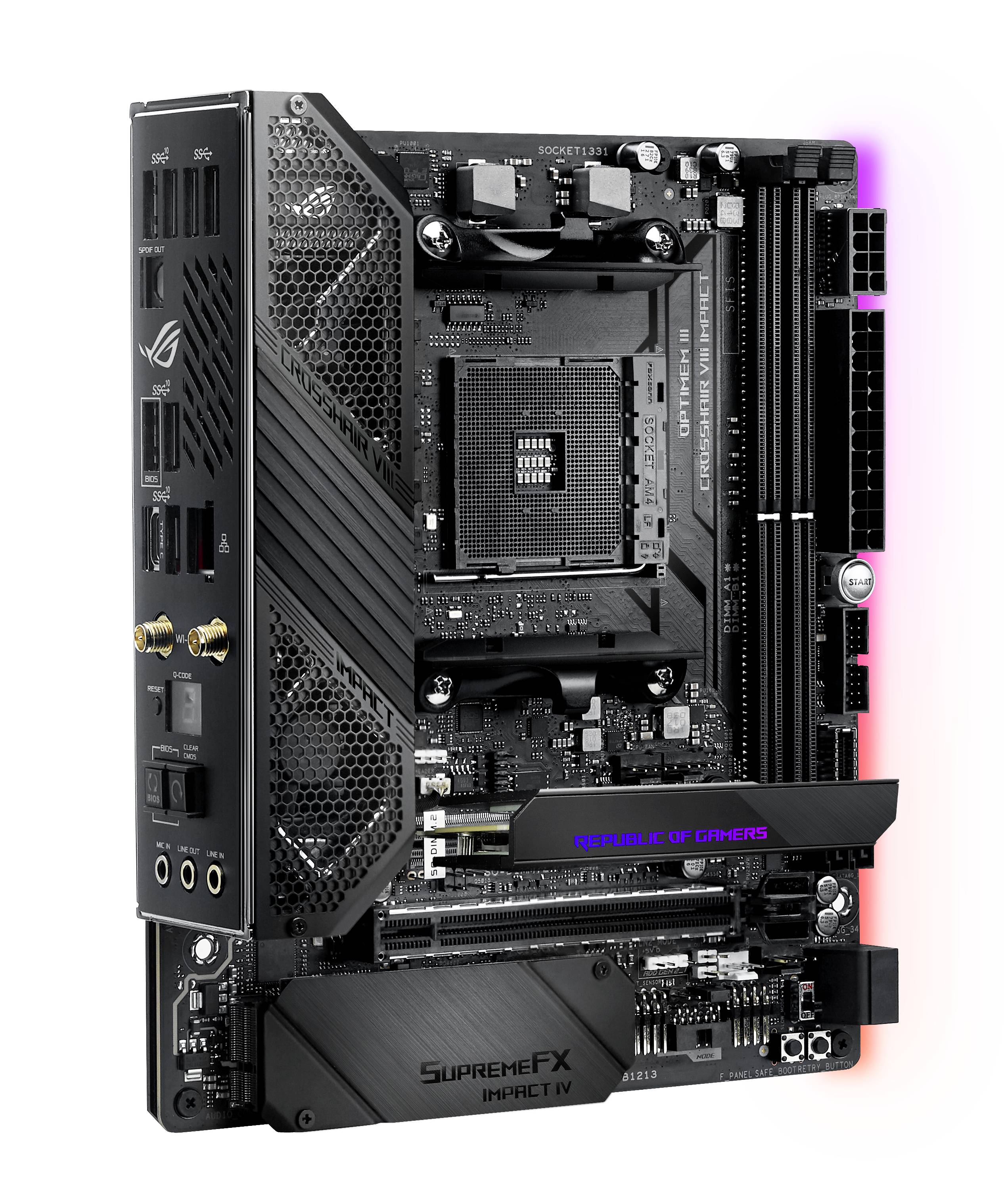 'ROG STRIX B650E-I GAMING WIFI': Hoogwaardig moederbord voor gamers met meerdere aansluitingen en RGB-verlichting, geoptimaliseerd voor AMD-processors.