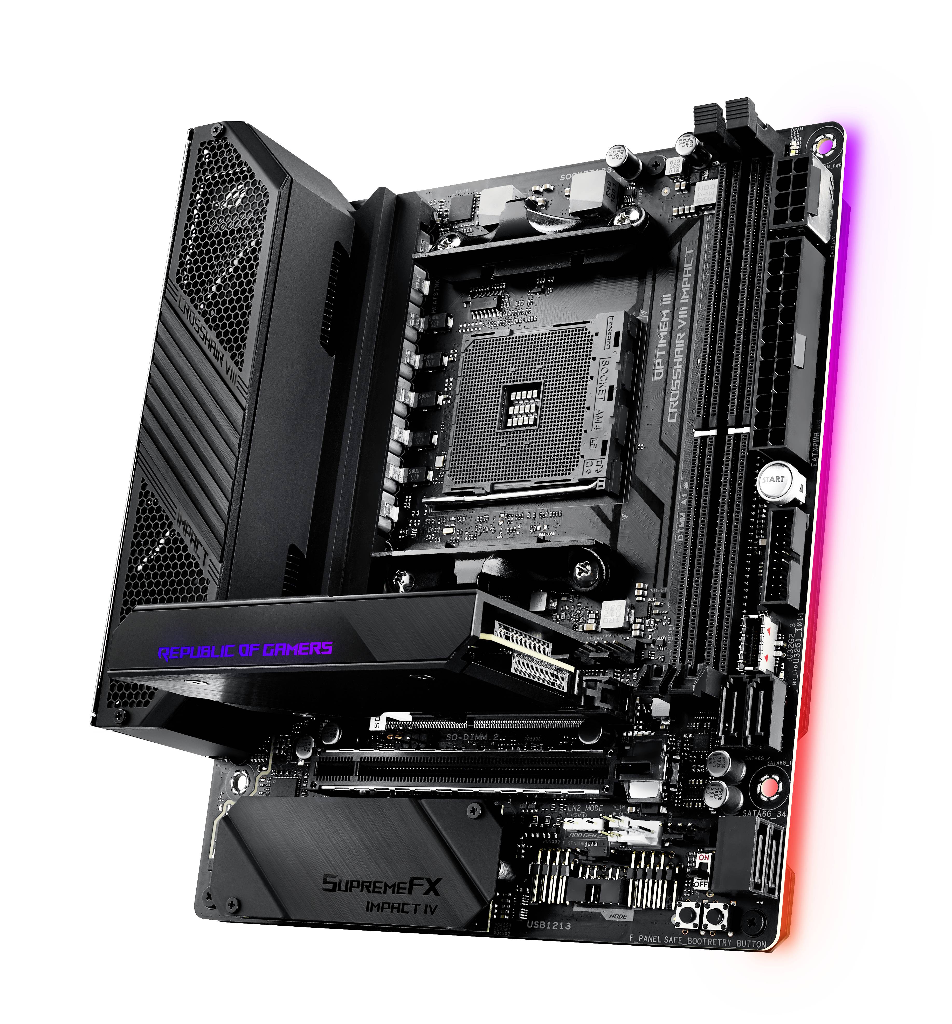 Moederbord van 'Republic of Gamers', zwart met herkenbare PCIe-sleuven en RGB-verlichting, toont moderne gaming-techniek.