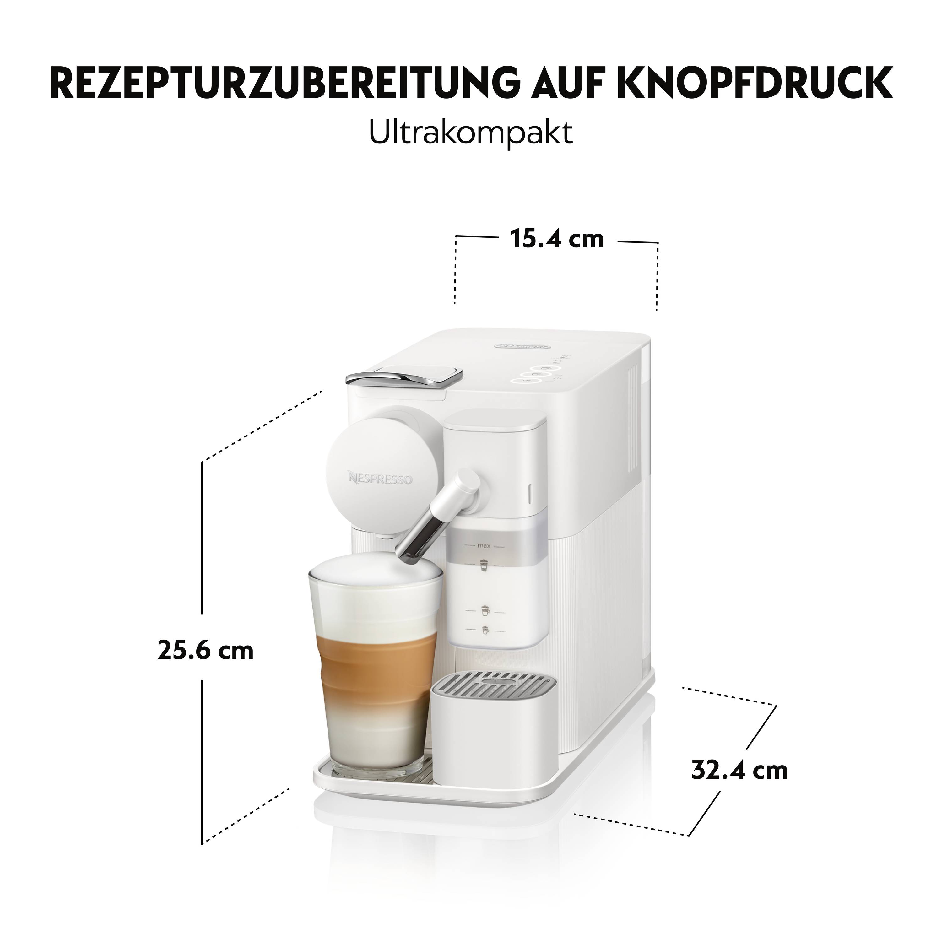 'Ultrazompacte koffiecapsule-automaat met één-knops bediening. Afmetingen: 15,4 cm x 25,6 cm x 32,4 cm. Bereidt koffie direct in de kop.'