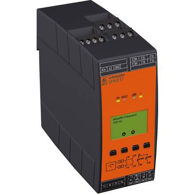 Elektronisch apparaat met een grijs behuizing en een rode voorkant. Een display toont 'huidige frequentie 100 Hz'. Verschillende aansluitingen bovenaan en bedieningselementen onderaan zijn zichtbaar.