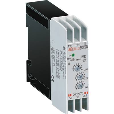 Elektronisch tijdrelais met instellingen voor tijdvertraging en spanningsbereiken. Merknaam en technische gegevens zijn zichtbaar.