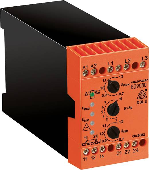 Een rood voltmeter van DOLD met meerdere schroefaansluitingen en instelknoppen, model BD9080, voor elektrische spanningscontrole.