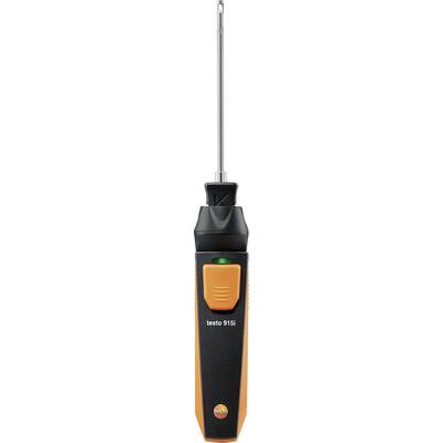 Een digitale thermometer met een metalen sonde. Hij is zwart en oranje, met de tekst 'testo 915i' op de voorkant.