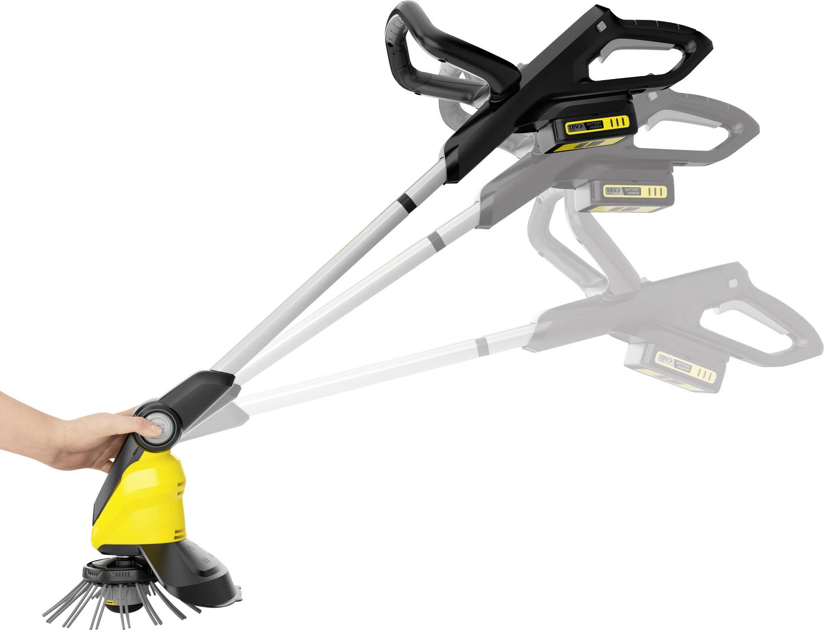 Een hand houdt een gele grastrimmer met verstelbare handgreep vast in verschillende hoeken, om flexibiliteit en gebruiksgemak te demonstreren.