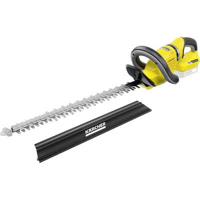 Accuheggenschaar in geel met zwarte soft grip, zilveren mes en zwarte beschermhoes, met het merkenlogo 'Kärcher' op de hoes.