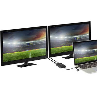 Twee monitoren en een laptop tonen een stadion bij zonsondergang, allemaal verbonden via een USB-C-adapter die uitgaat van een laptop.