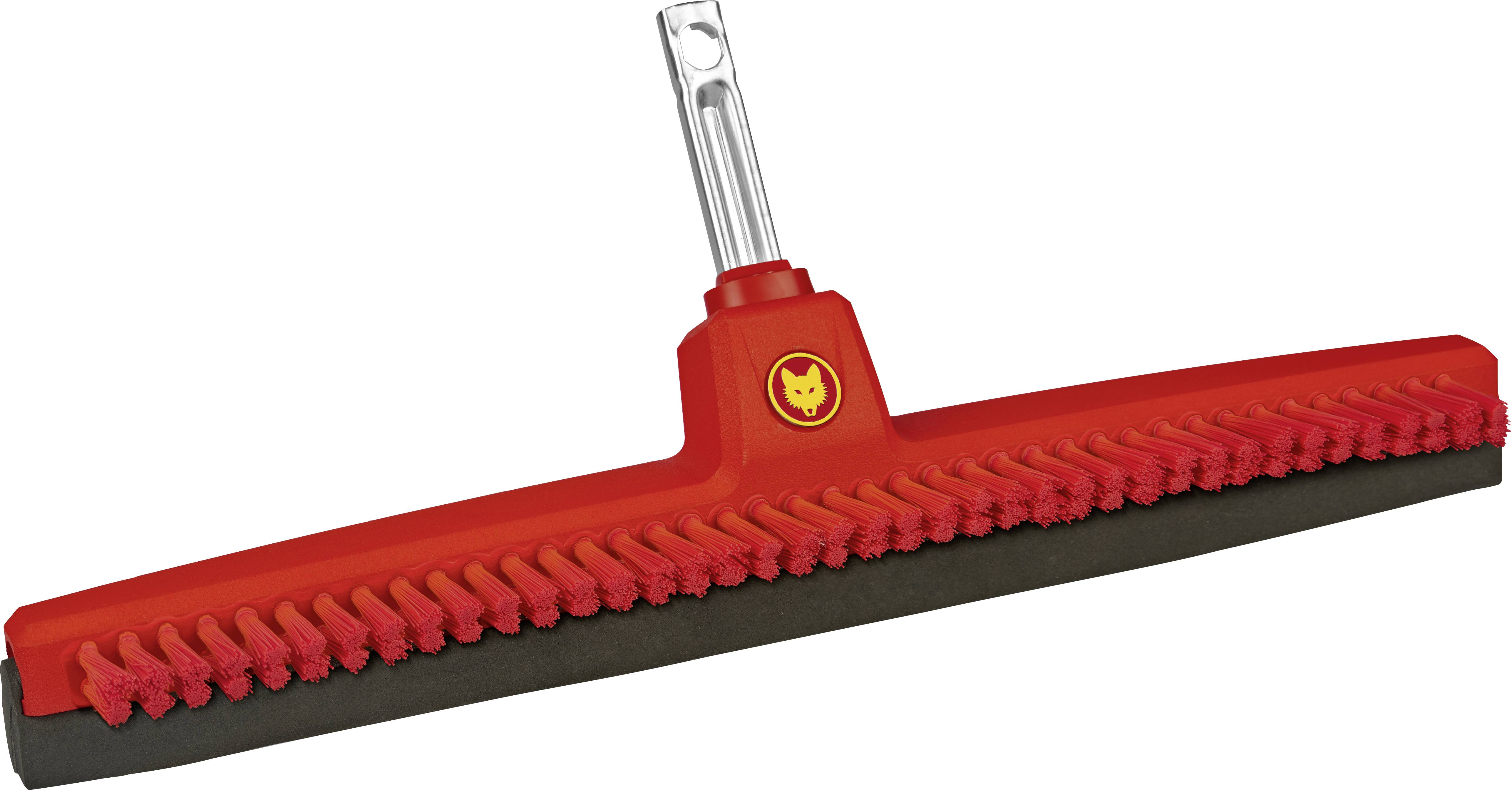 Bezem met een rood plastic handvat en borstels, geschikt voor gladde oppervlakken. Ideaal voor het verwijderen van vuil en vloeistoffen.