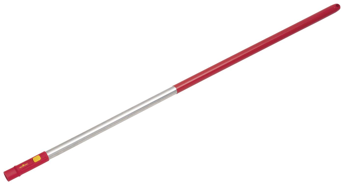 Een rode bezemsteel met een zilveren middendeel, geschikt voor schoonmaakwerkzaamheden.