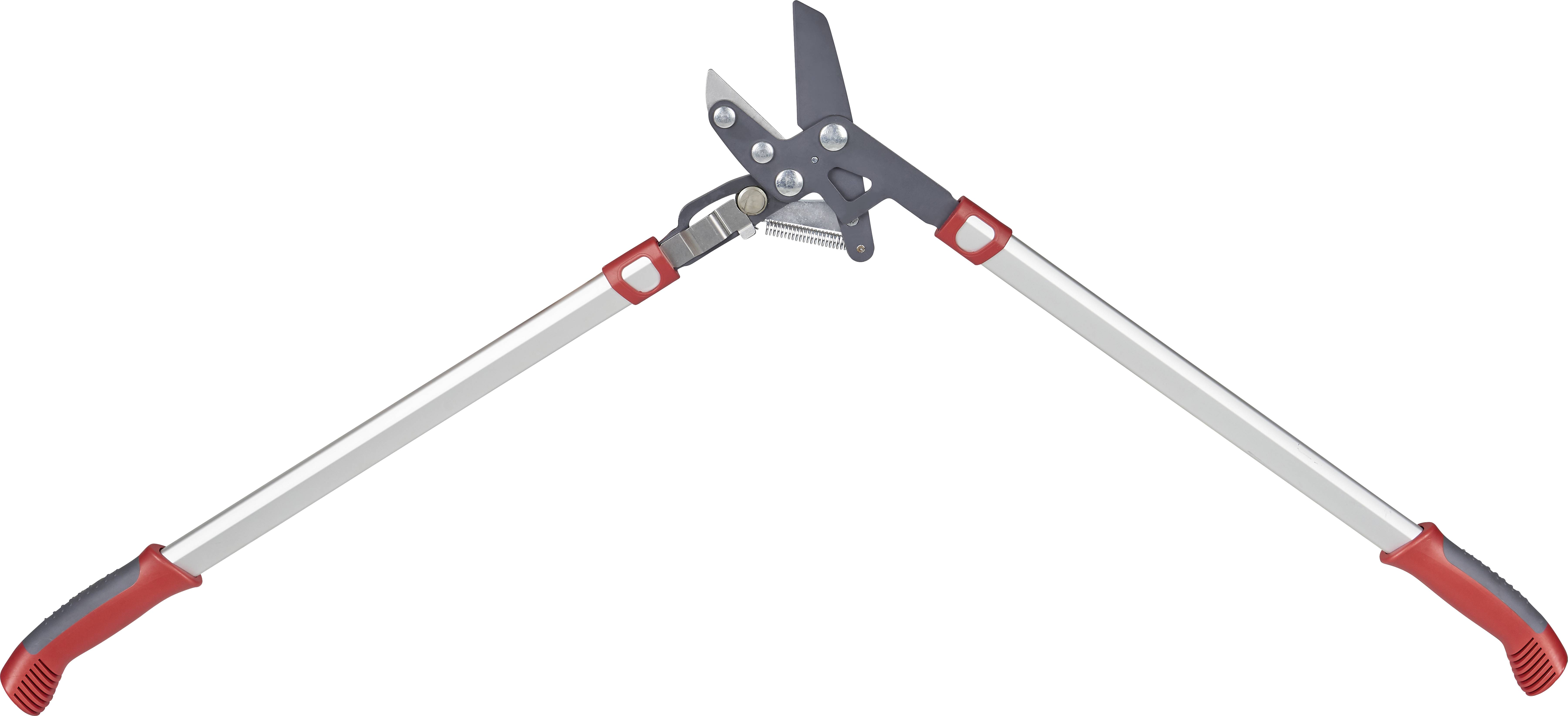Takkenschaar met telescopische handgrepen, rood-zwart.