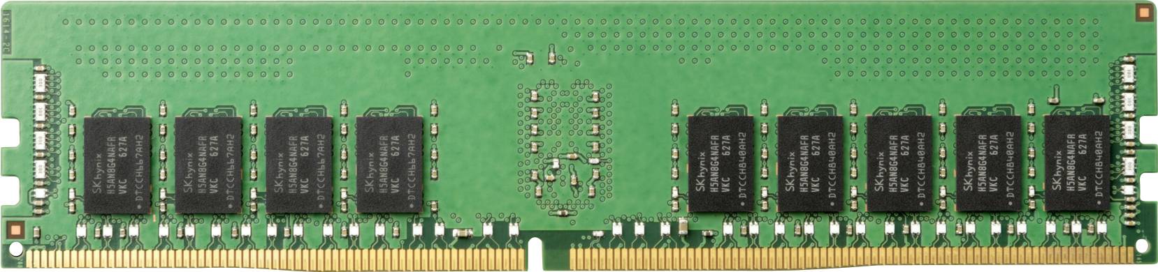 Groen computergeheugenmodule (RAM) met acht zwarte geheugenchips bovenop, gouden contactpunten onderaan; wordt gebruikt voor gegevensopslag in de pc.