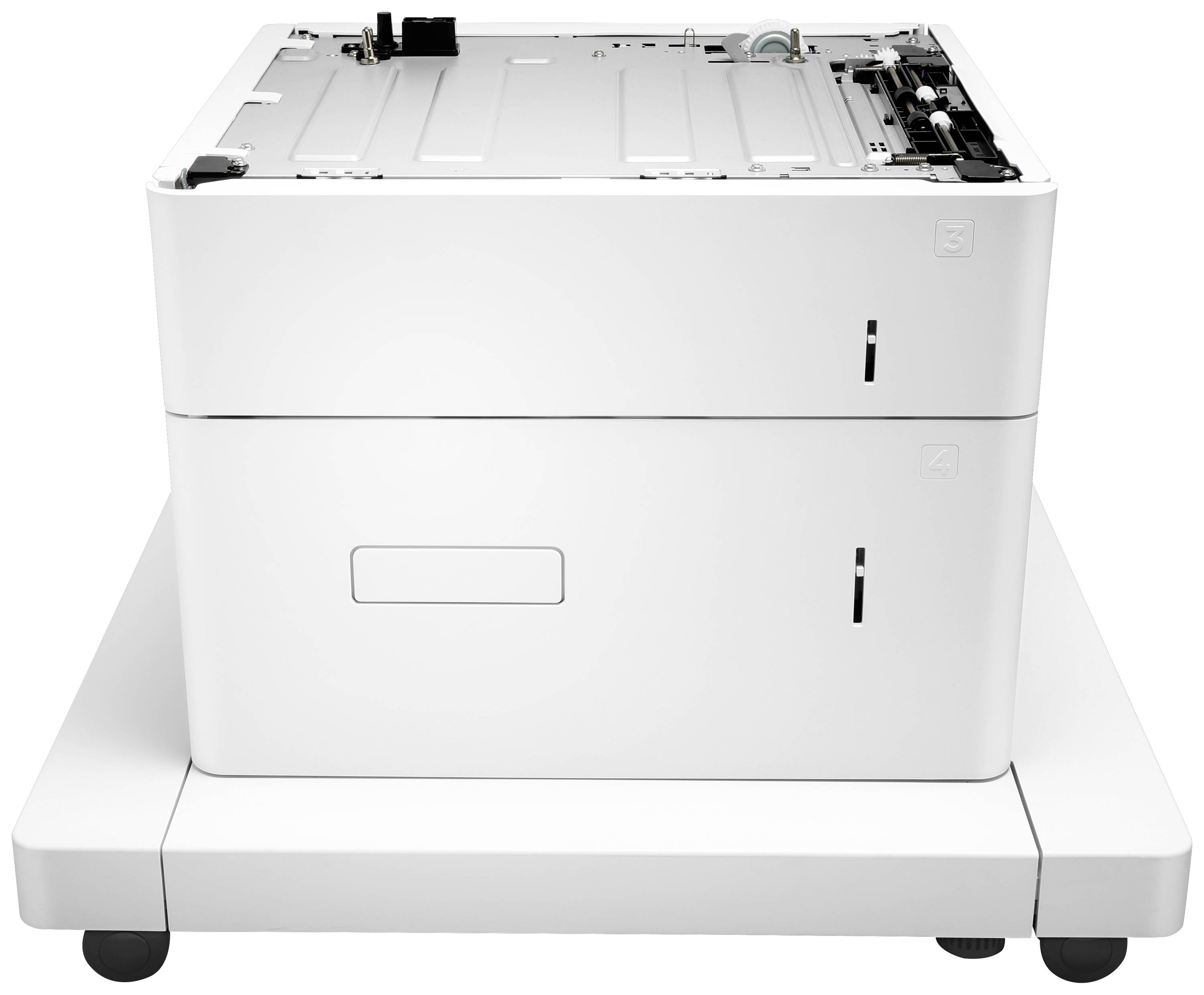 Een witte printer met twee papierladen op een standaard, zonder zichtbare bedieningselementen of displays.
