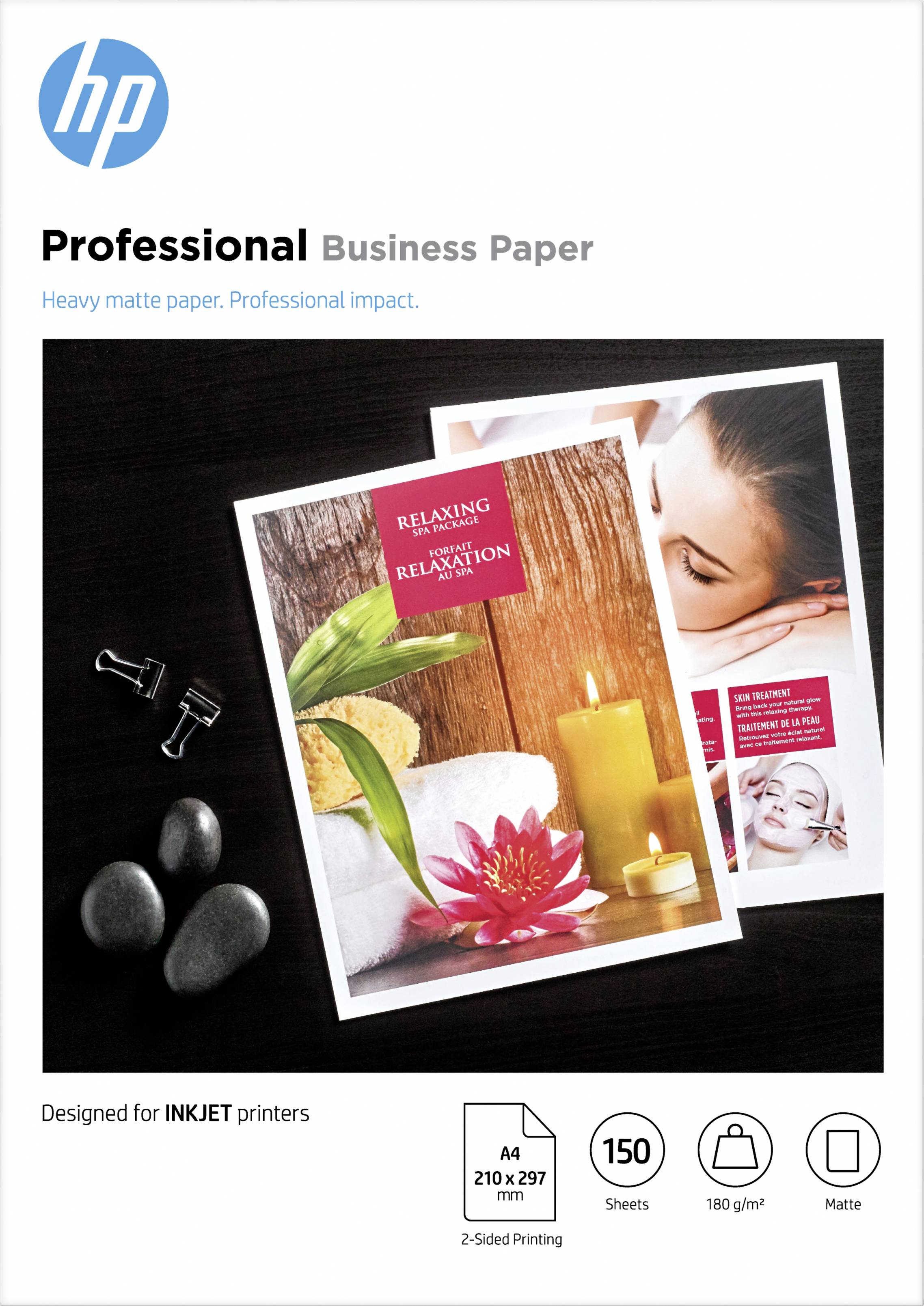 'Packaging for HP Professional Business Paper: 150 sheets, A4, 210x297 mm, 180 g/m². Suitable for inkjet printers, double-sided printable.'