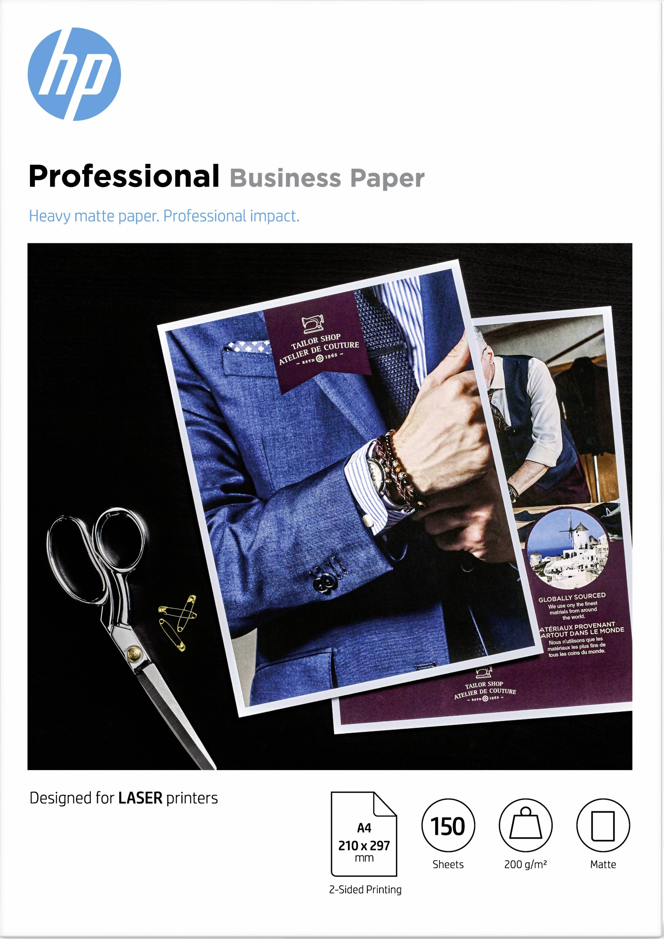 HP Professional Business Paper<br>Verpakking met afbeelding van een gedrukt foto van een pak en accessoires. 'Geschikt voor laserprinters'.