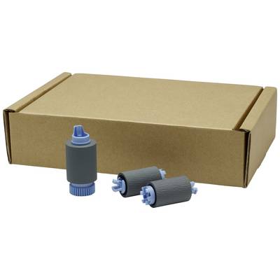 Grijze kartonnen doos met drie blauwe printeronderdelen ervoor.