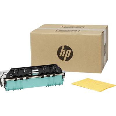 'Printerpatroon en doos met HP-logo op bruine achtergrond, naast een geel reinigingsdoekje. Toebehoren voor printerbeheer.'