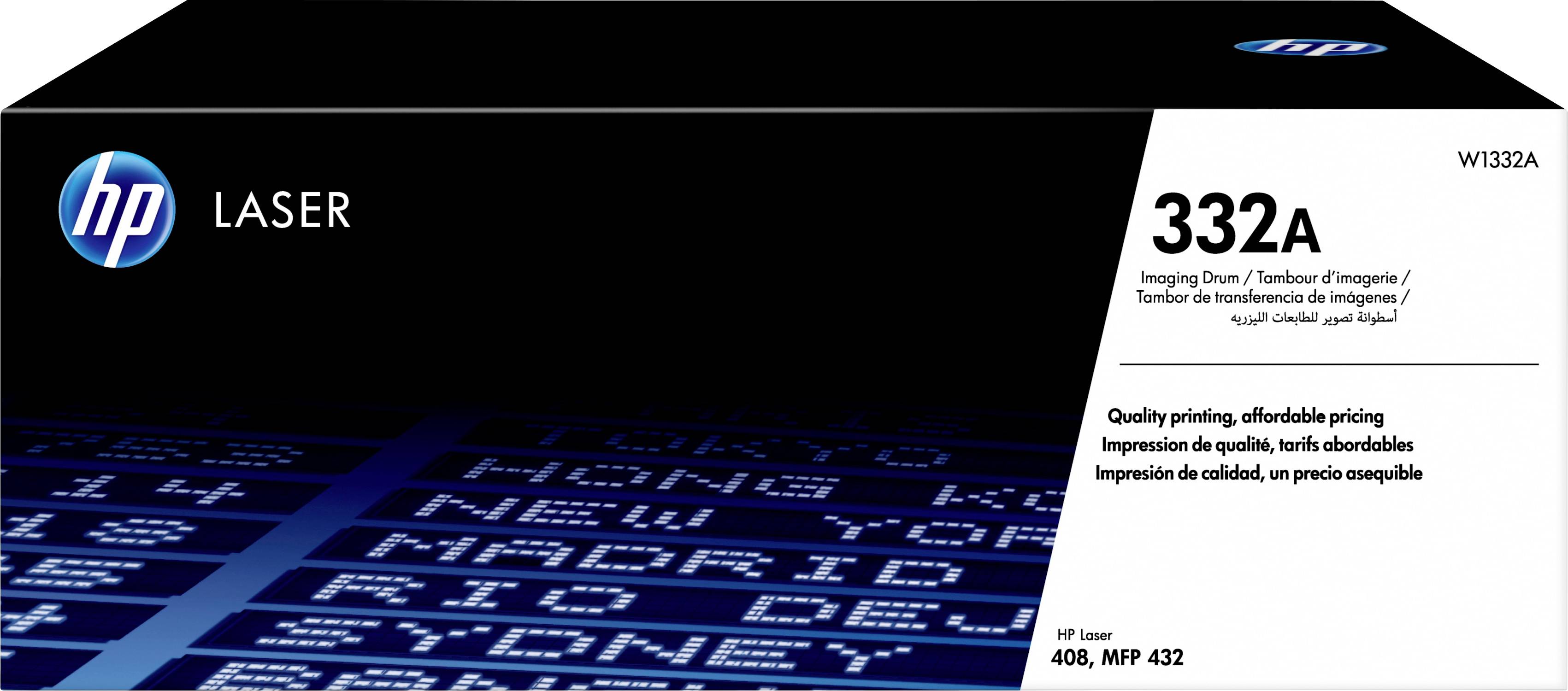 Verpakking van een HP Laser 332A cartridge met etiketten in meerdere talen. Uitgelichte kenmerken: 'Kwaliteitsdruk, betaalbare prijs'.