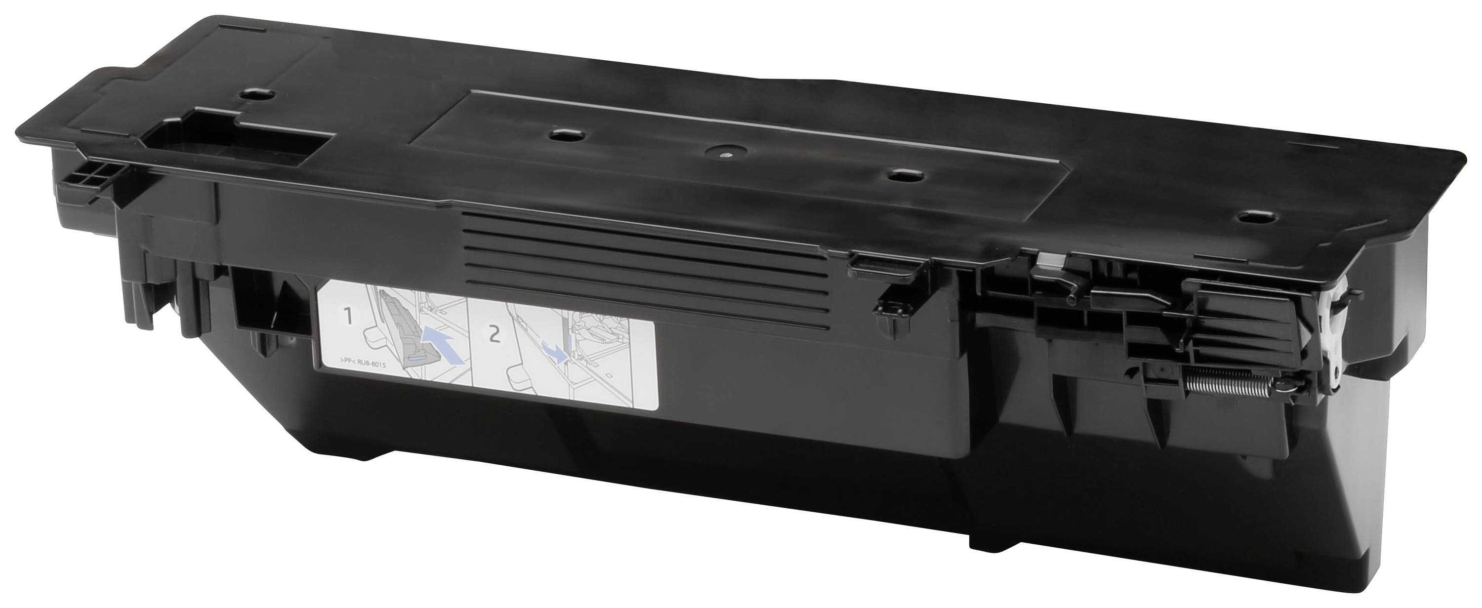Een zwarte tonercartridge voor een laserprinter op een witte achtergrond met twee instructieafbeeldingen aan de zijkant.