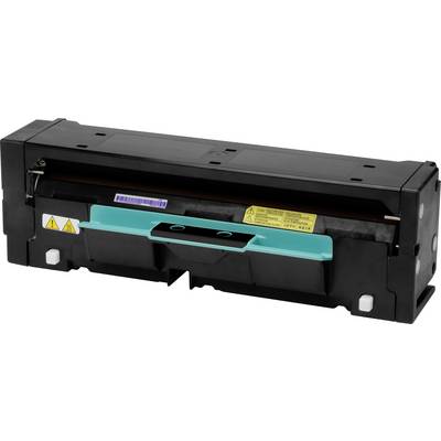 Inktcartridge in zwart en turkoois. Rechthoekige vorm met gele waarschuwingslabels. Geschikt voor laserprinters.