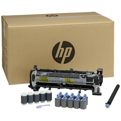 Laserprinter-onderhoudsset met verschillende rollen en vervangingsonderdelen voor een bruine kartonnen doos met HP-logo.