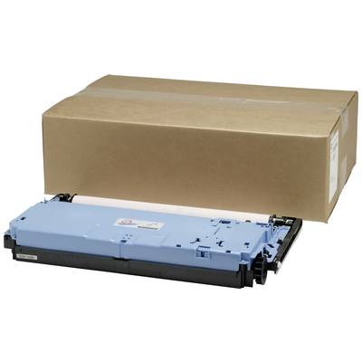 Een blauwe tonercartridge ligt voor een bruine verzendkarton.
