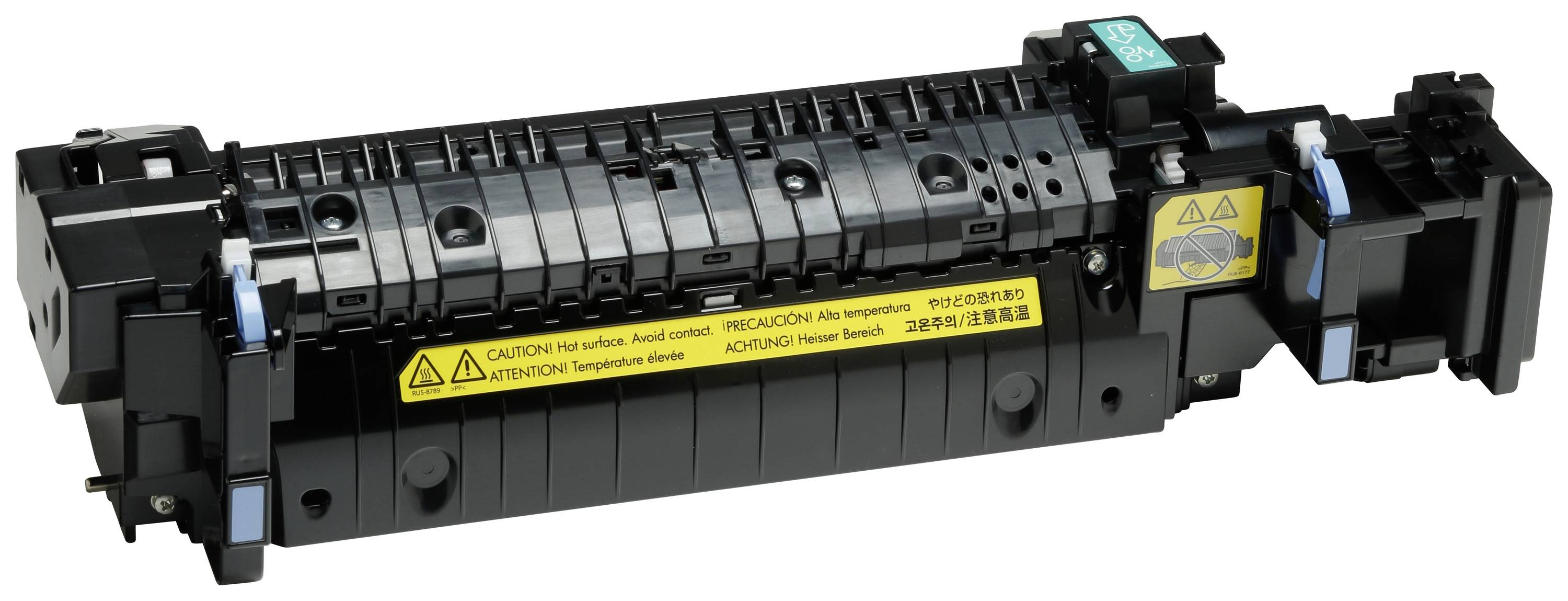 Een zwart printermodule met een gele waarschuwingsinstructie en een blauwe markering aan de bovenkant, dat deel uitmaakt van een printer.