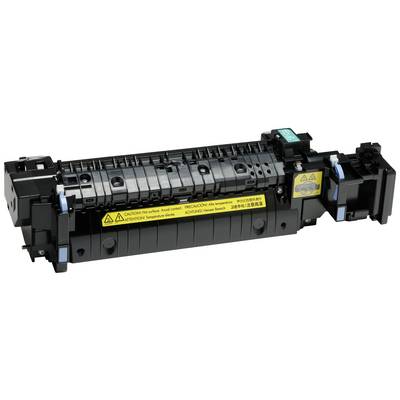 Een zwart printermodule met een gele waarschuwingsinstructie en een blauwe markering aan de bovenkant, dat deel uitmaakt van een printer.