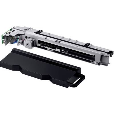 Een metalen apparaat met een ventilator en elektronische componenten, mogelijk een onderdeel van een machine of printer. Op het apparaat bevindt zich een zwarte uittrekbare lade.