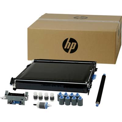 Een verpakking en verschillende printeronderdelen zoals trommel, rollen en doos van een HP-printeronderhoudskit zijn afgebeeld.