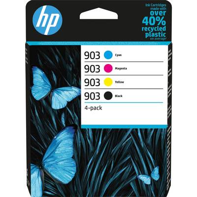 HP-inktpatronen 903 4-pack verpakking. Toont cyaan, magenta, geel, zwart. Met tekst: 'Inktpatronen gemaakt van meer dan 40% gerecycled plastic'.
