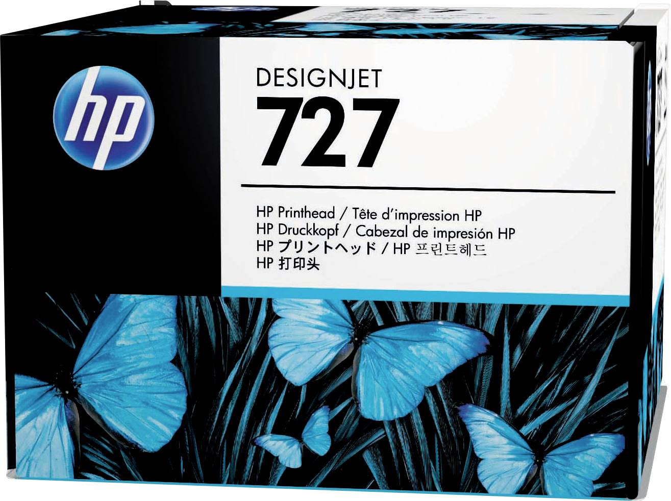 Verpakking van een HP Designjet 727 printkop met een blauw-zwart vlinderpatroon en het HP-logo in de linkerbovenhoek.