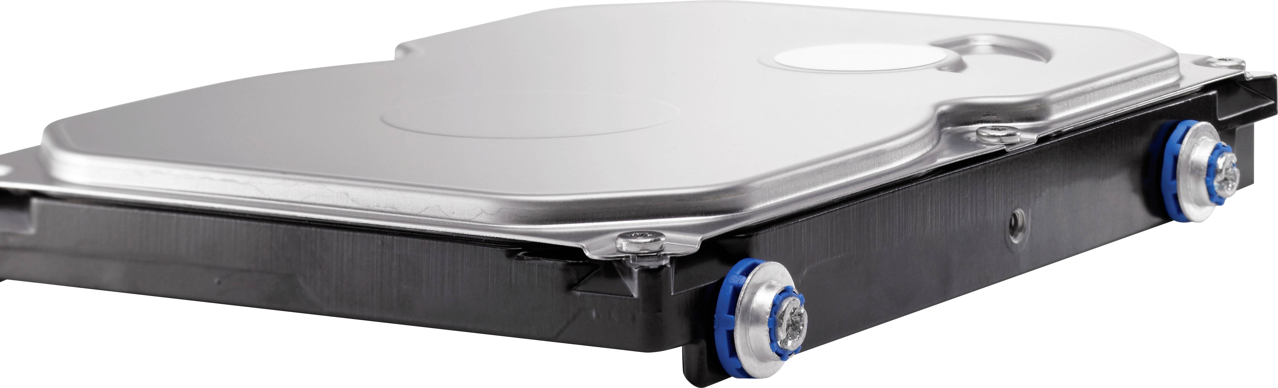 Harde schijf met zilveren behuizing en blauwe bevestigingsschroeven, liggend aan de zijkant.