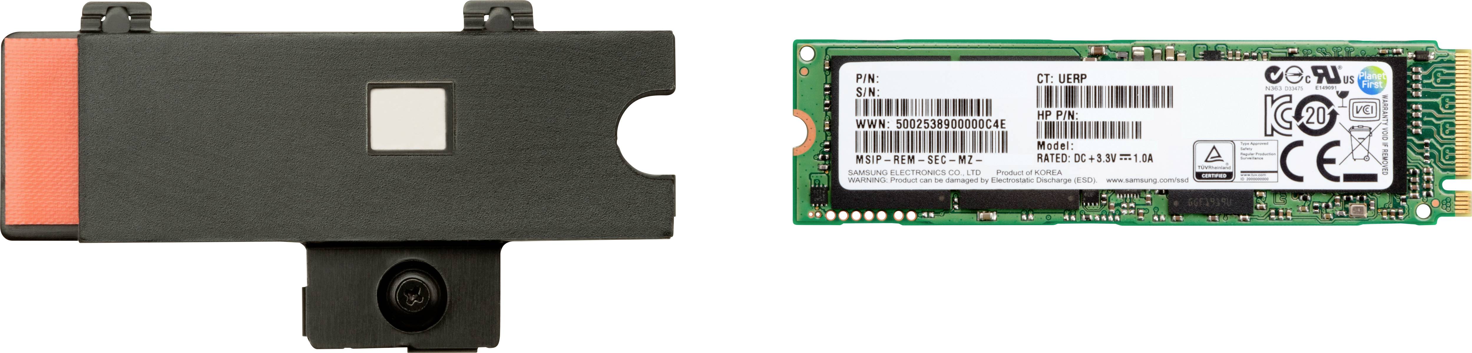 'Links: een zwarte, rechthoekige houder met rode accenten. Rechts: een M.2 SSD-printplaat met technische opschriften.'