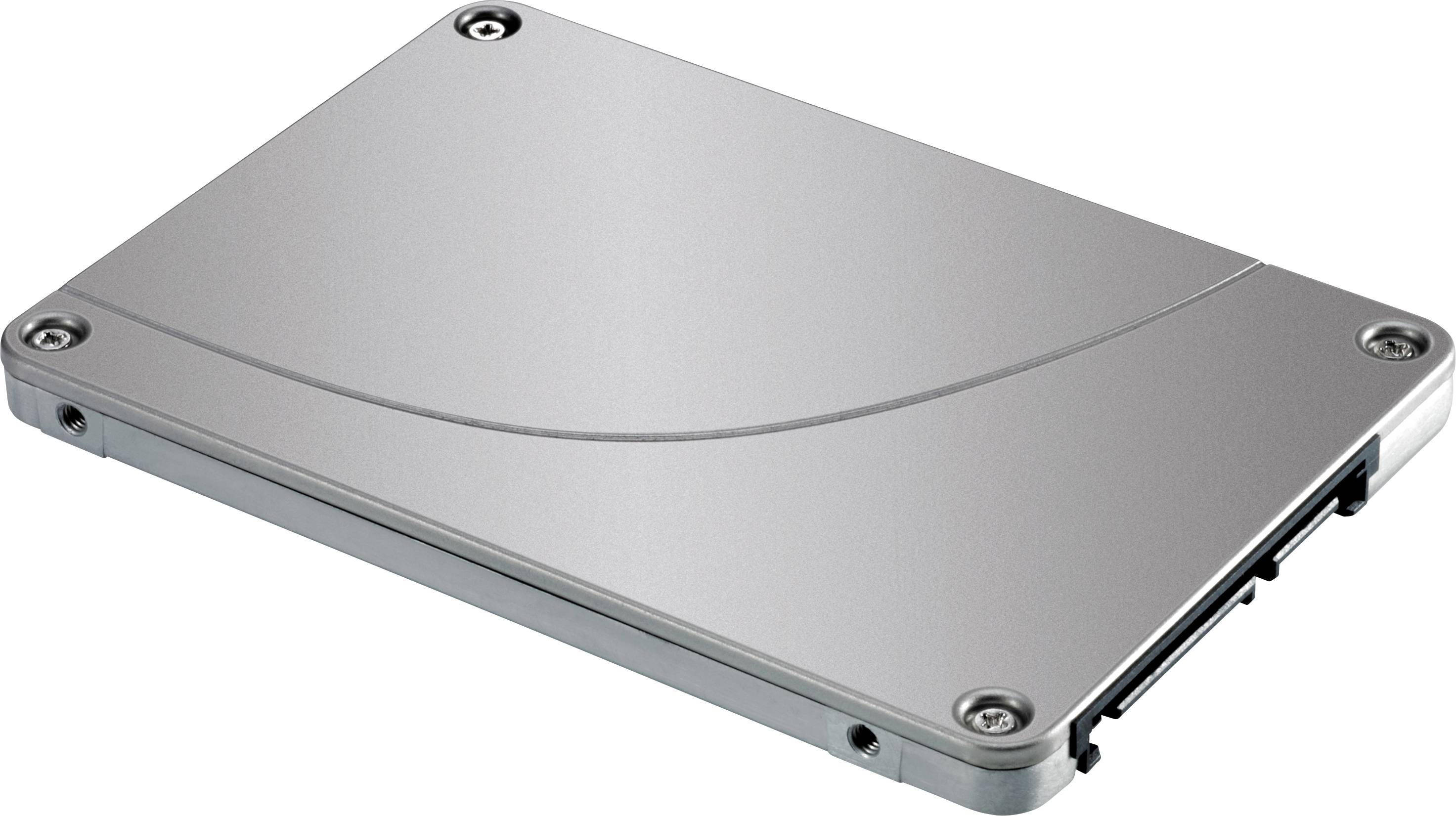 Een zilveren, rechthoekig Solid State Drive (SSD) met vier zichtbare schroeven, ligt plat op een oppervlak.