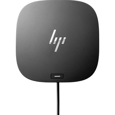 Zwart HP-oplaadapparaat met glanzend logo en aangesloten kabel, dat wordt gebruikt voor het opladen van apparaten.
