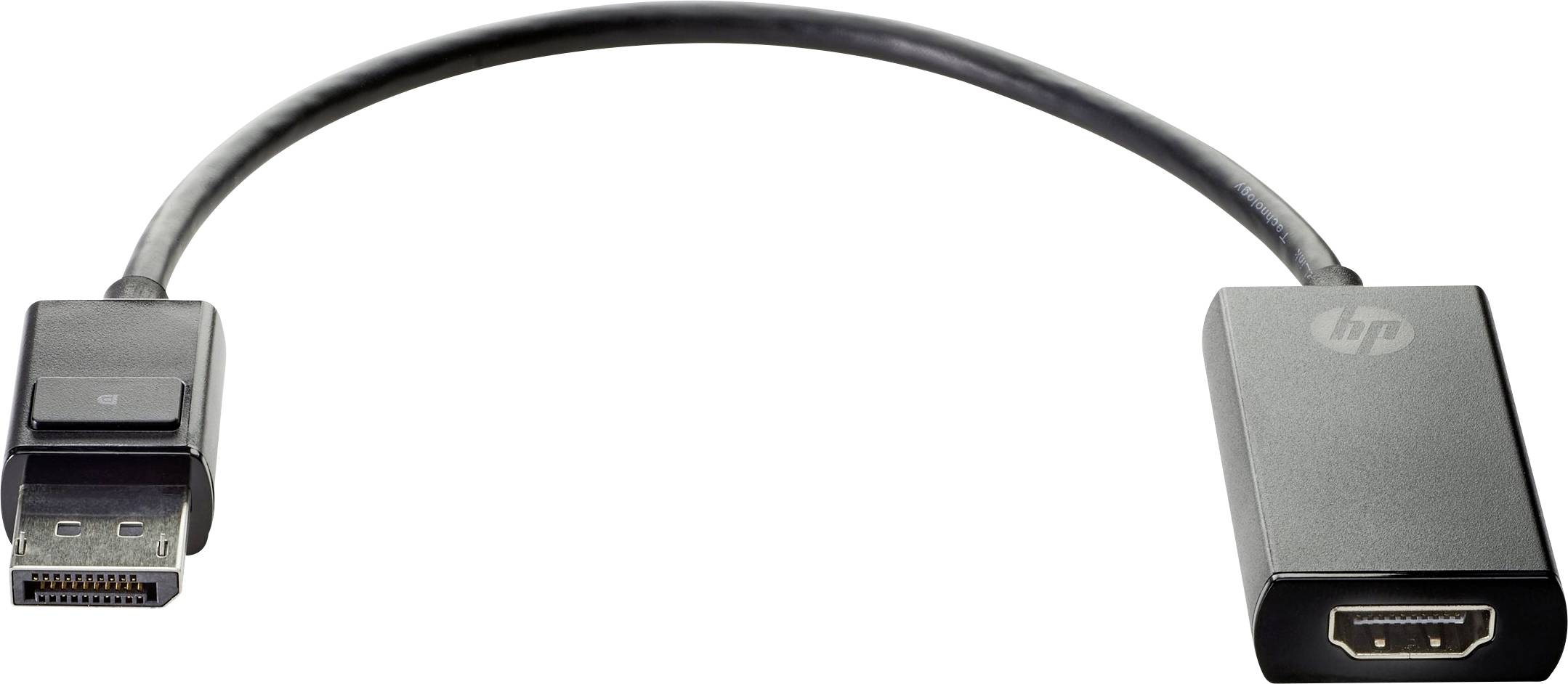 Een zwarte kabel met een DisplayPort-stekker aan de linkerkant en een HDMI-aansluiting aan de rechterkant.