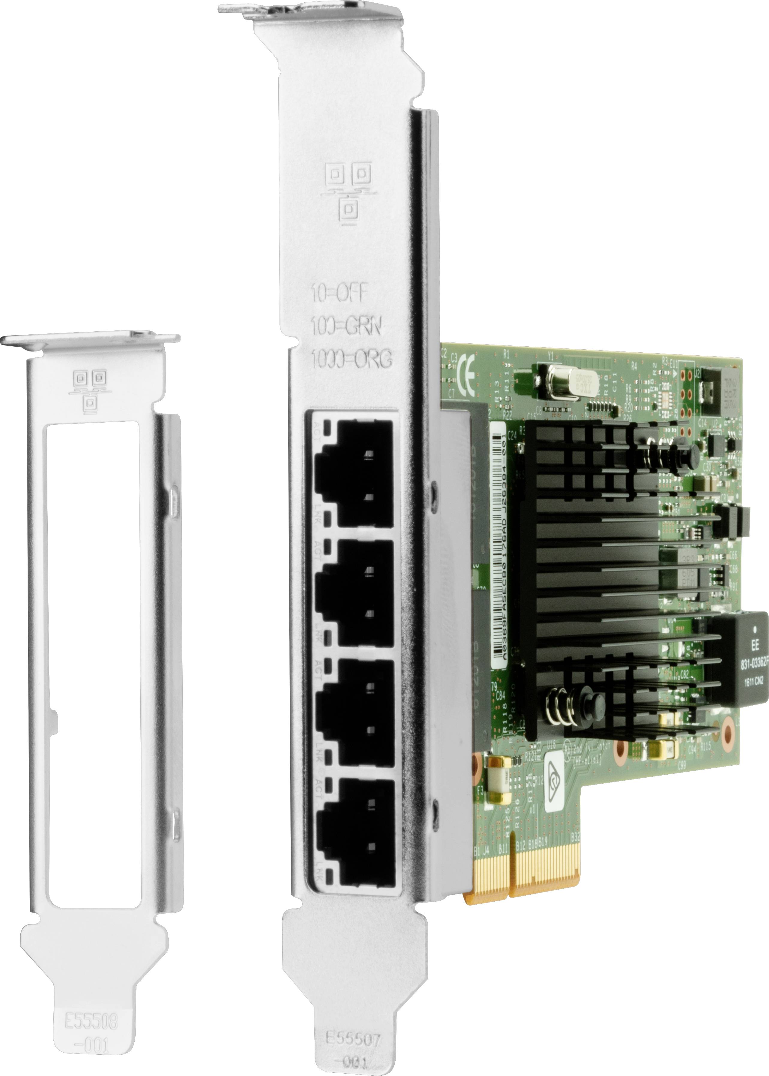 Netwerkaansluiting met vier Ethernet-poorten in een metalen behuizing, geschikt voor high-speed datatransmissie in servers.