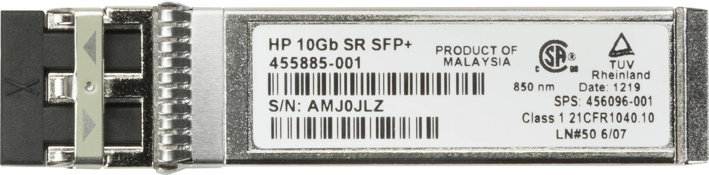 Een zilverkleurige HP 10Gb SR SFP+ module met serienummer 'AMJ0JLZ' en technische informatie op een etiket.