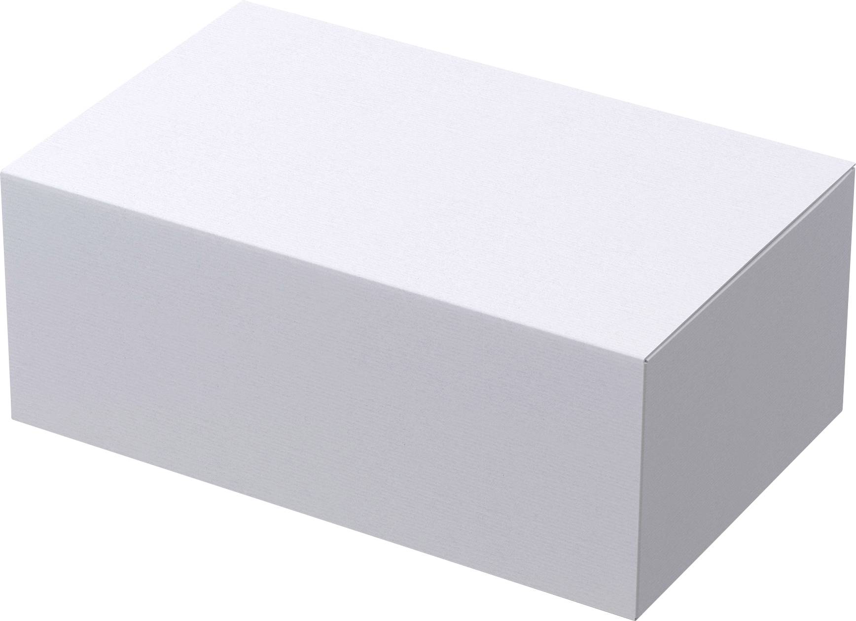 Witte, rechthoekige kartonnen doos op witte achtergrond.