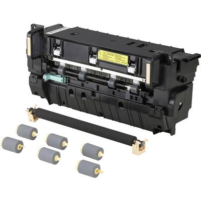 Een laserprinterfixeereenheidset bestaat uit een zwarte fixeereenheid en zes grijze rollen die worden gebruikt voor onderhoud of reparatie.