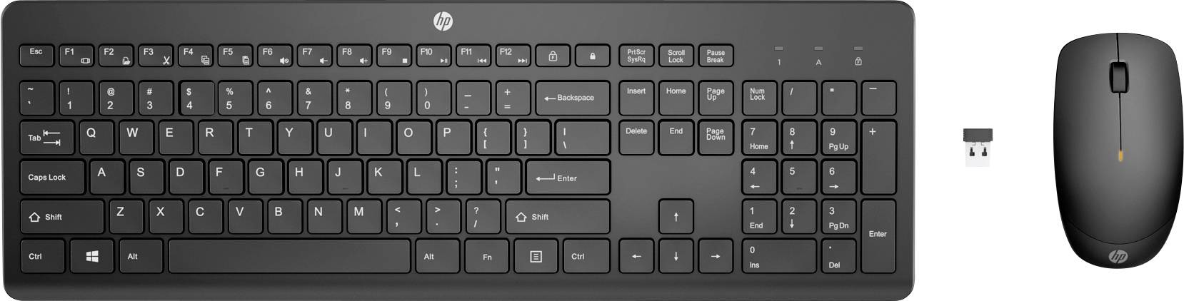 Een draadloze zwarte toetsenbord en muis naast een USB-ontvanger. Toetsenbord heeft qwertz-indeling.