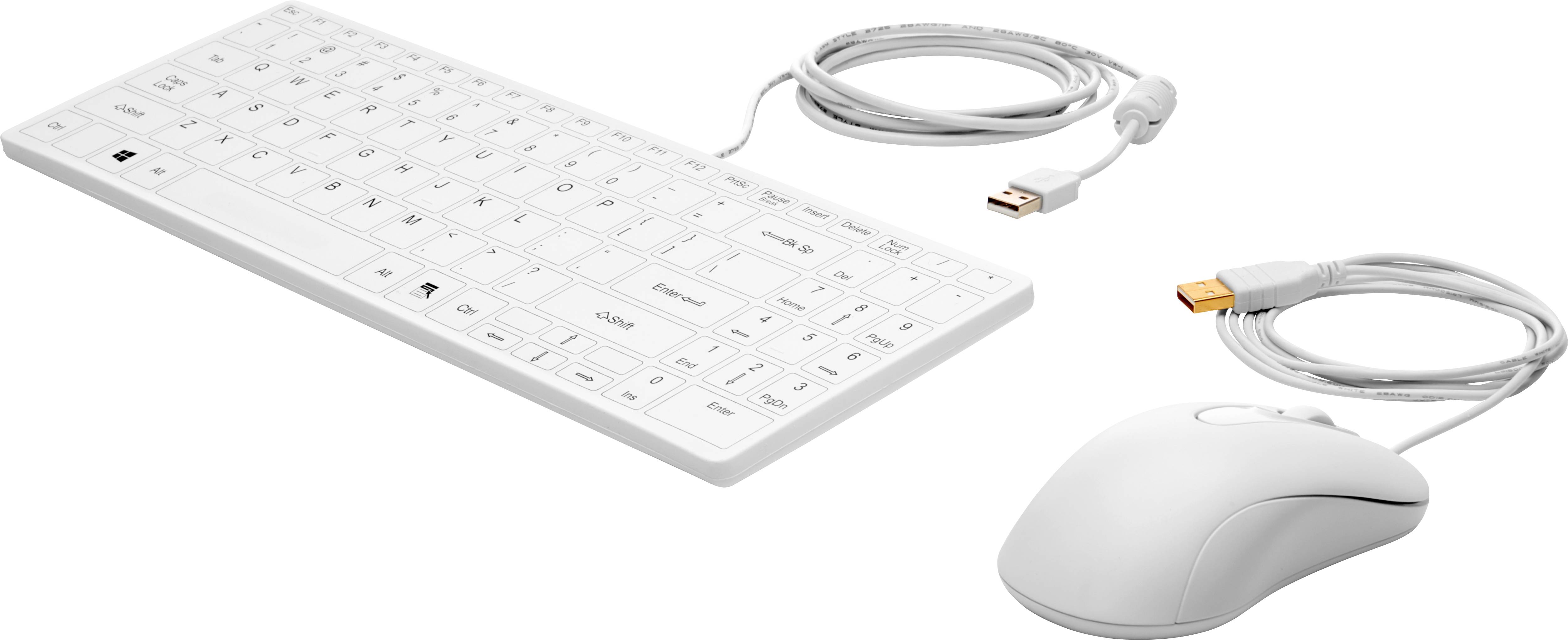 Een witte computertoetsenbord en muis, elk met USB-kabels, liggen op een witte achtergrond.