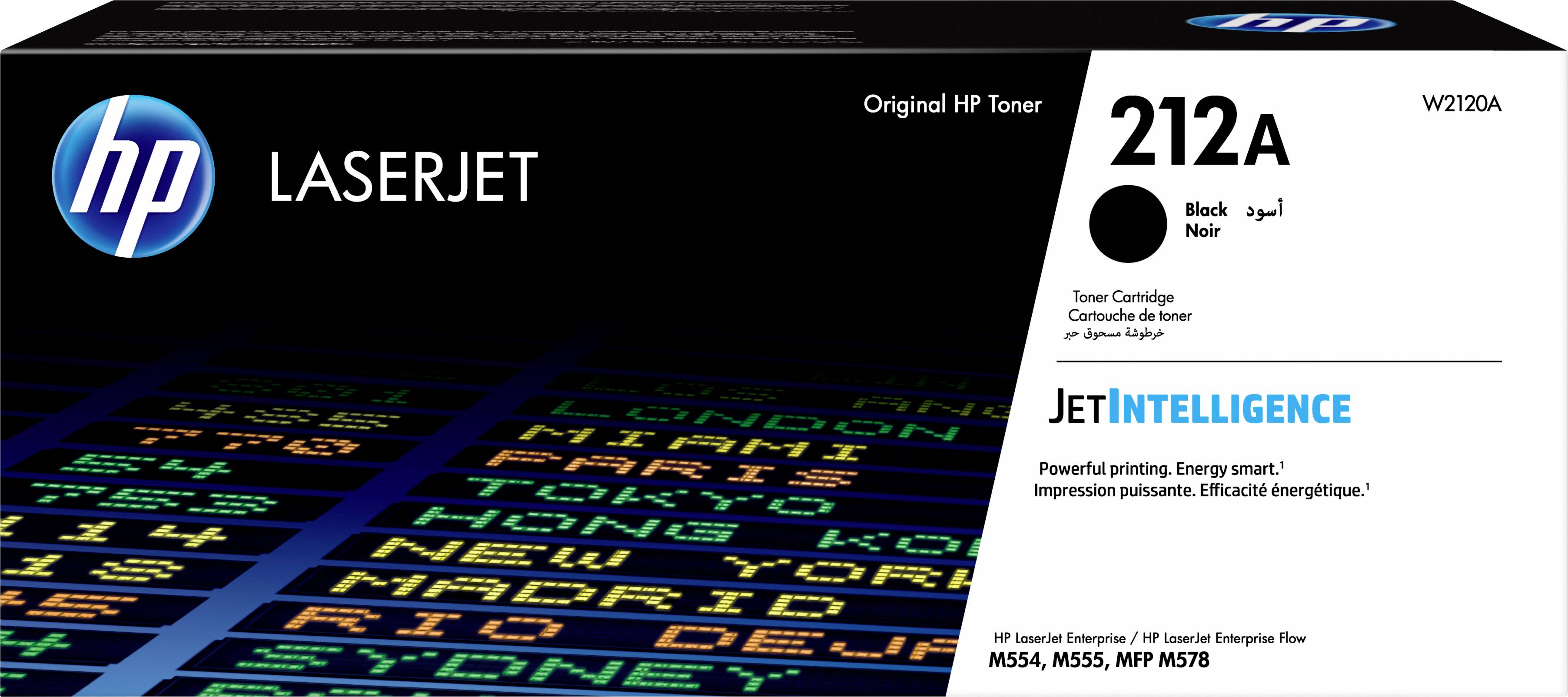 HP LaserJet Toner 212A Verpakking met zwarte tekst 'JetIntelligence' en een lijst van steden op de achtergrond.