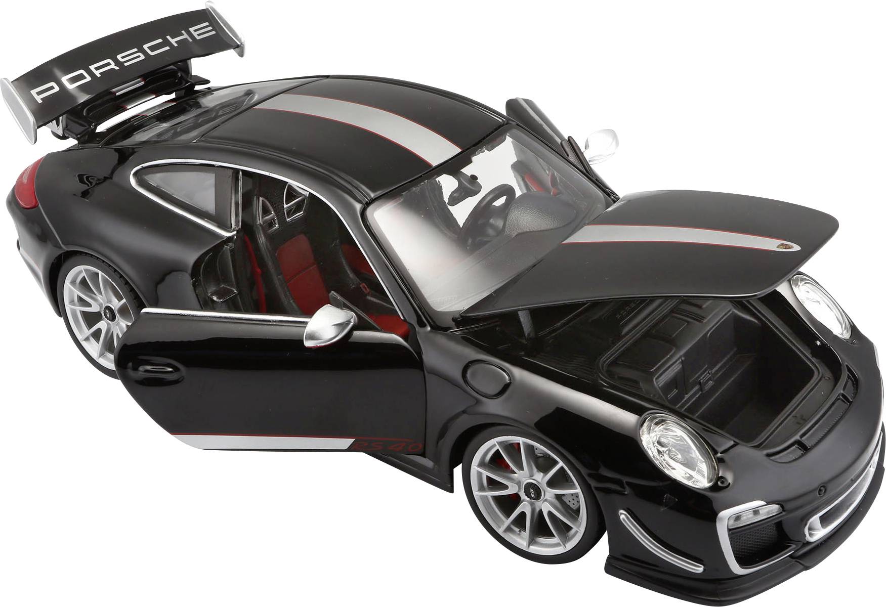 Een zwarte modelauto met geopende deuren, motorkap en kofferbak. Op de spoiler staat 'Porsche'. Sportief design.