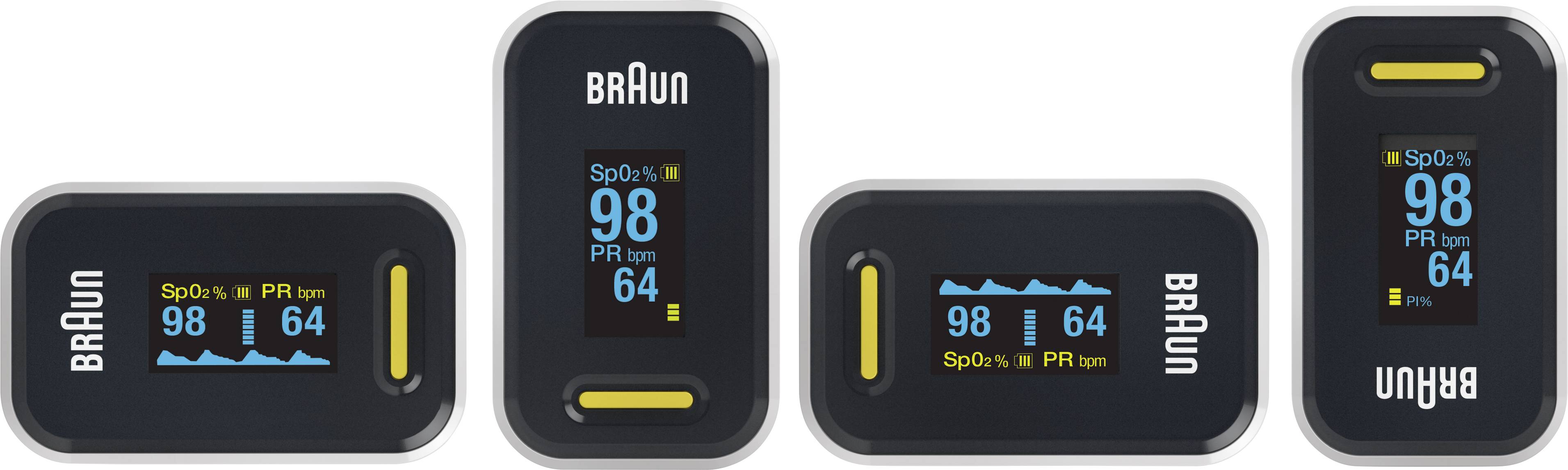 Braun pulsoxymeterapparaat toont SpO2-waarde van 98% en polsslag van 64 bpm, met staafdiagram en digitale weergave op zwarte achtergrond.