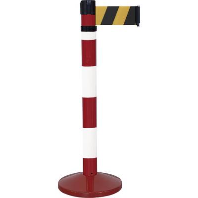 Rode afzettingspaal met witte strepen en geel afzetlint met diagonale zwarte strepen.